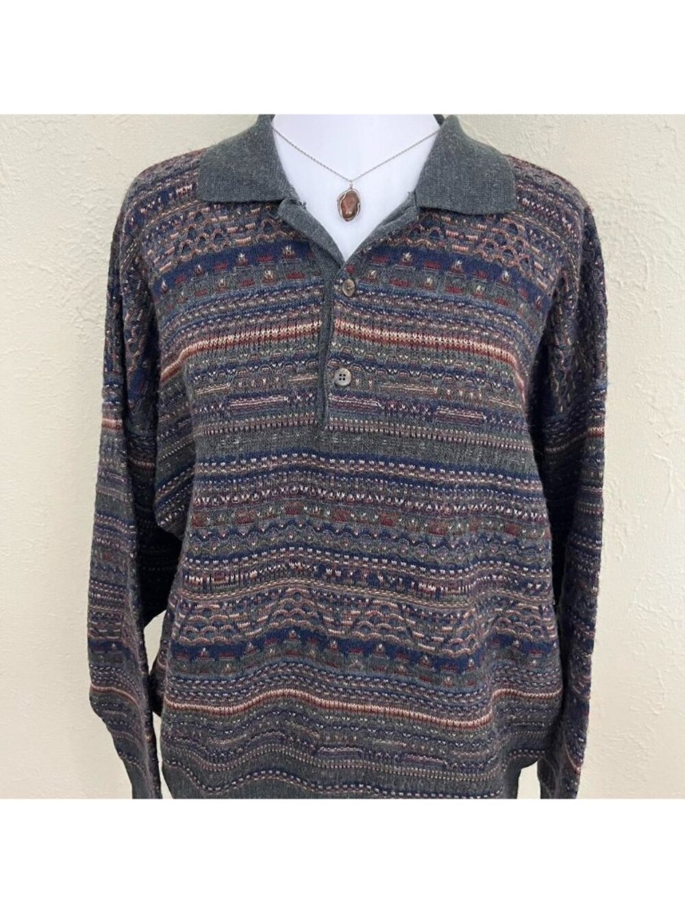 80s colorful striped quirky boho indie grandpa wool polo sweater - Picture 4 of 8